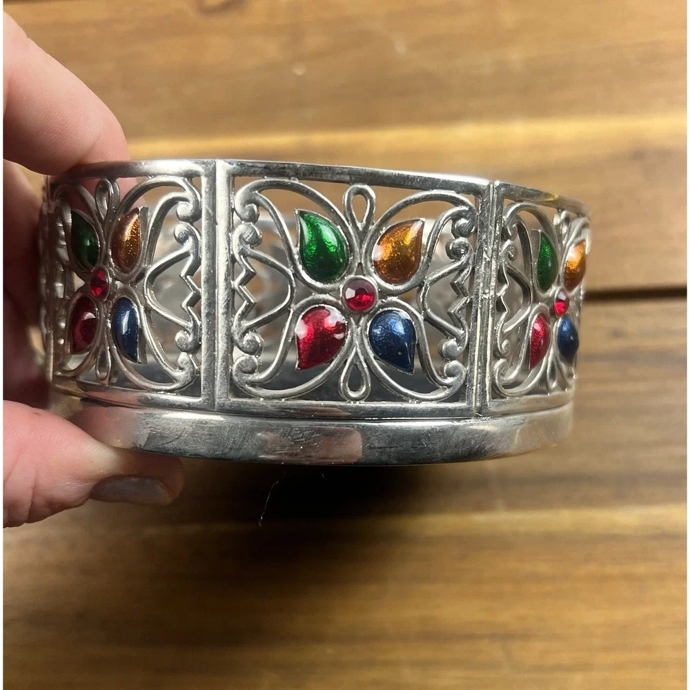 VTG Silver Toned Filigree Trinket Dish Coaster Vanity Catchall Jewl Toned Glass - Picture 4 of 7
